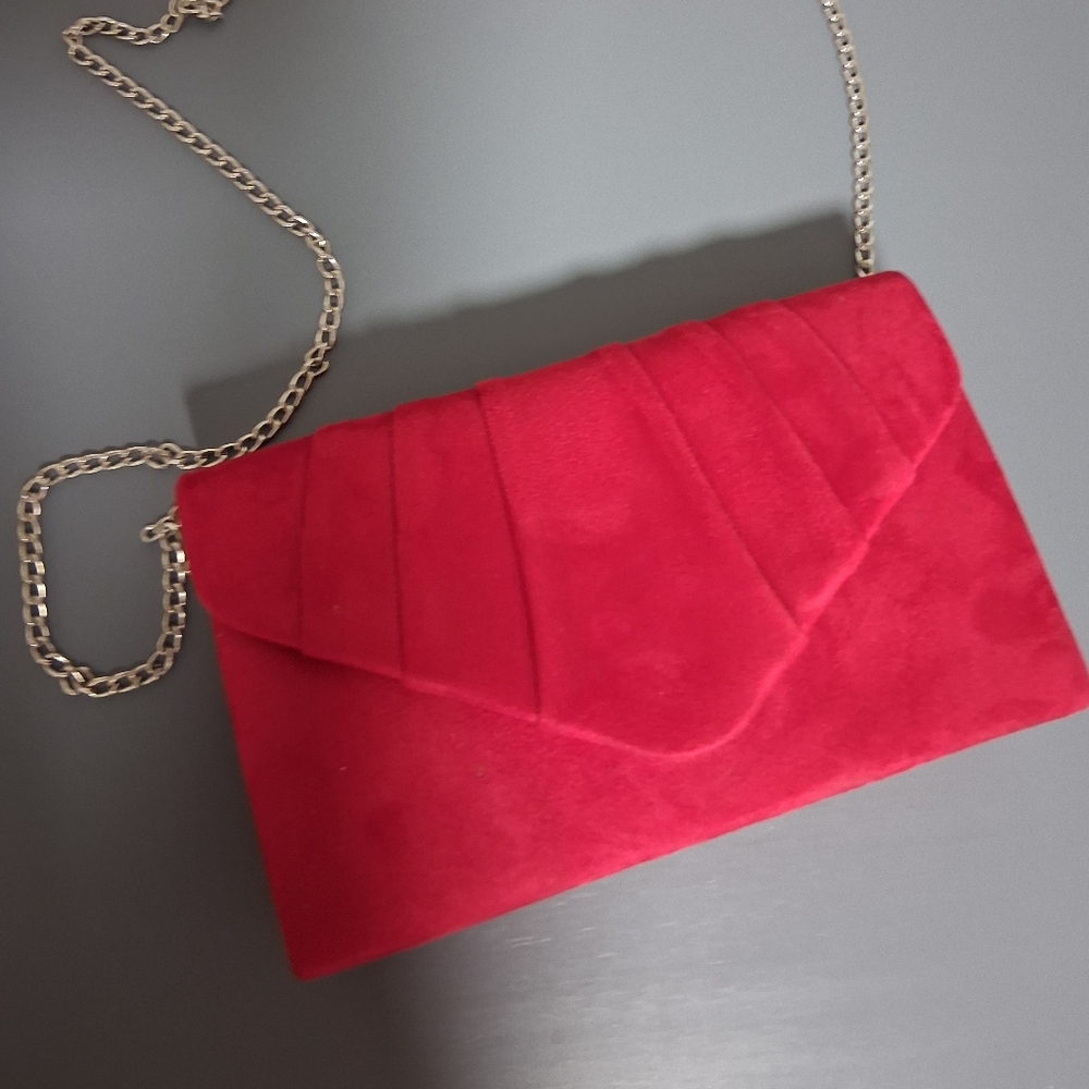 Vibrant Red Suede Clutch with Chain by [Brand]